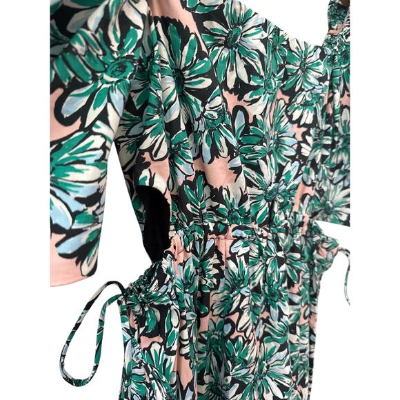 Zara Floral Side Cut-Out Poplin Puff Sleeve Midi Dress Green Pink Size Medium - Picture 12 of 14
